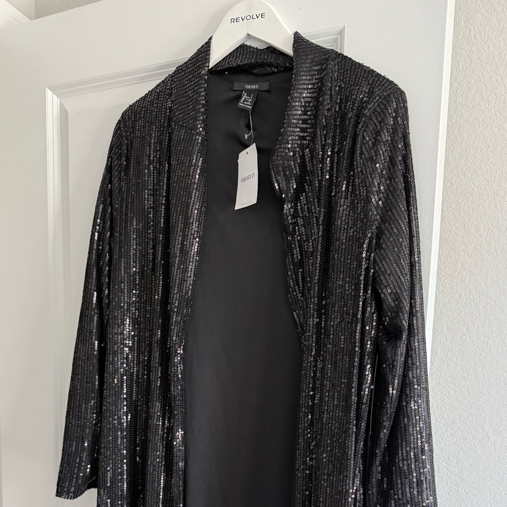 F21 long, black lightweight sequin duster, new tags, special edition small